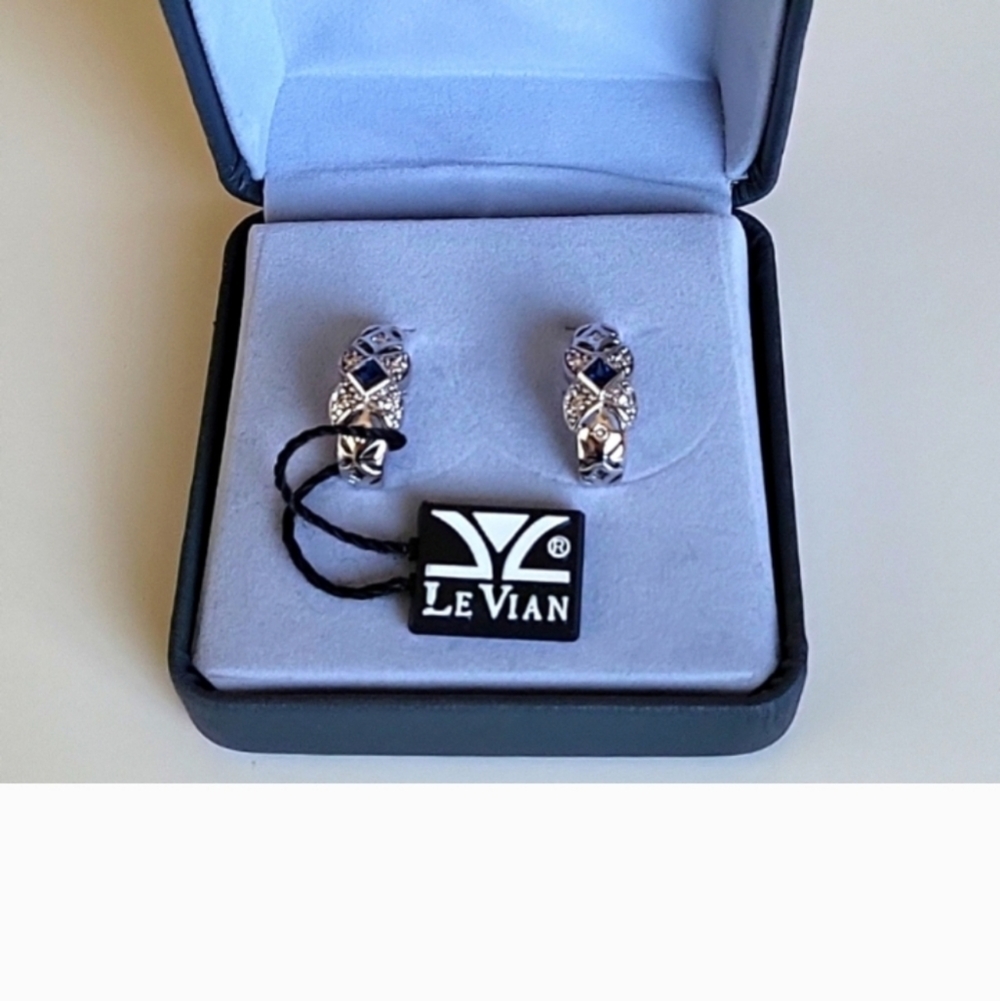 LeVian Diamond & Blue Sapphire White 14K Gold Earrings Authenticated By Poshmark - Picture 2 of 9